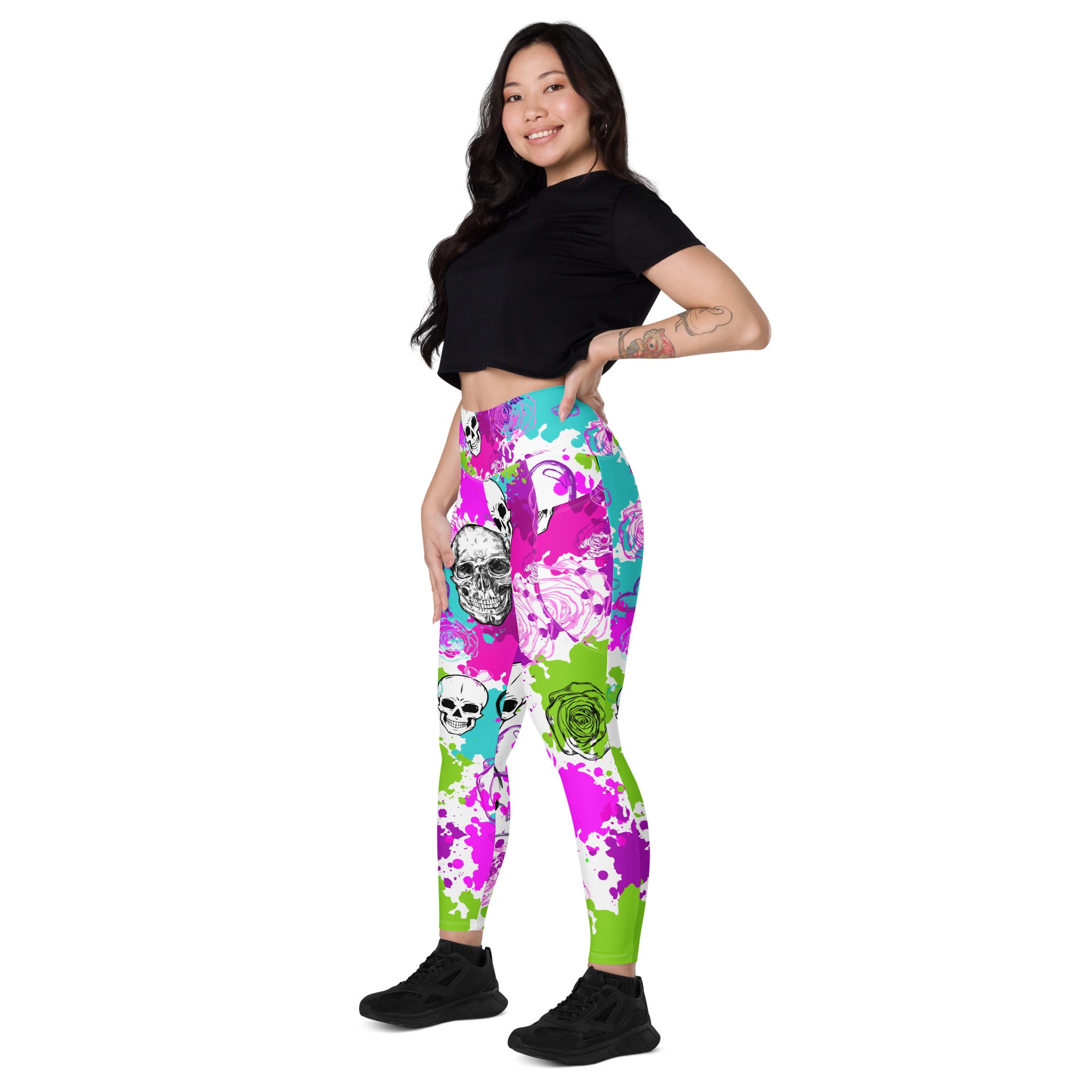 Floral Goth Skull Leggings with Pockets | All Sizes